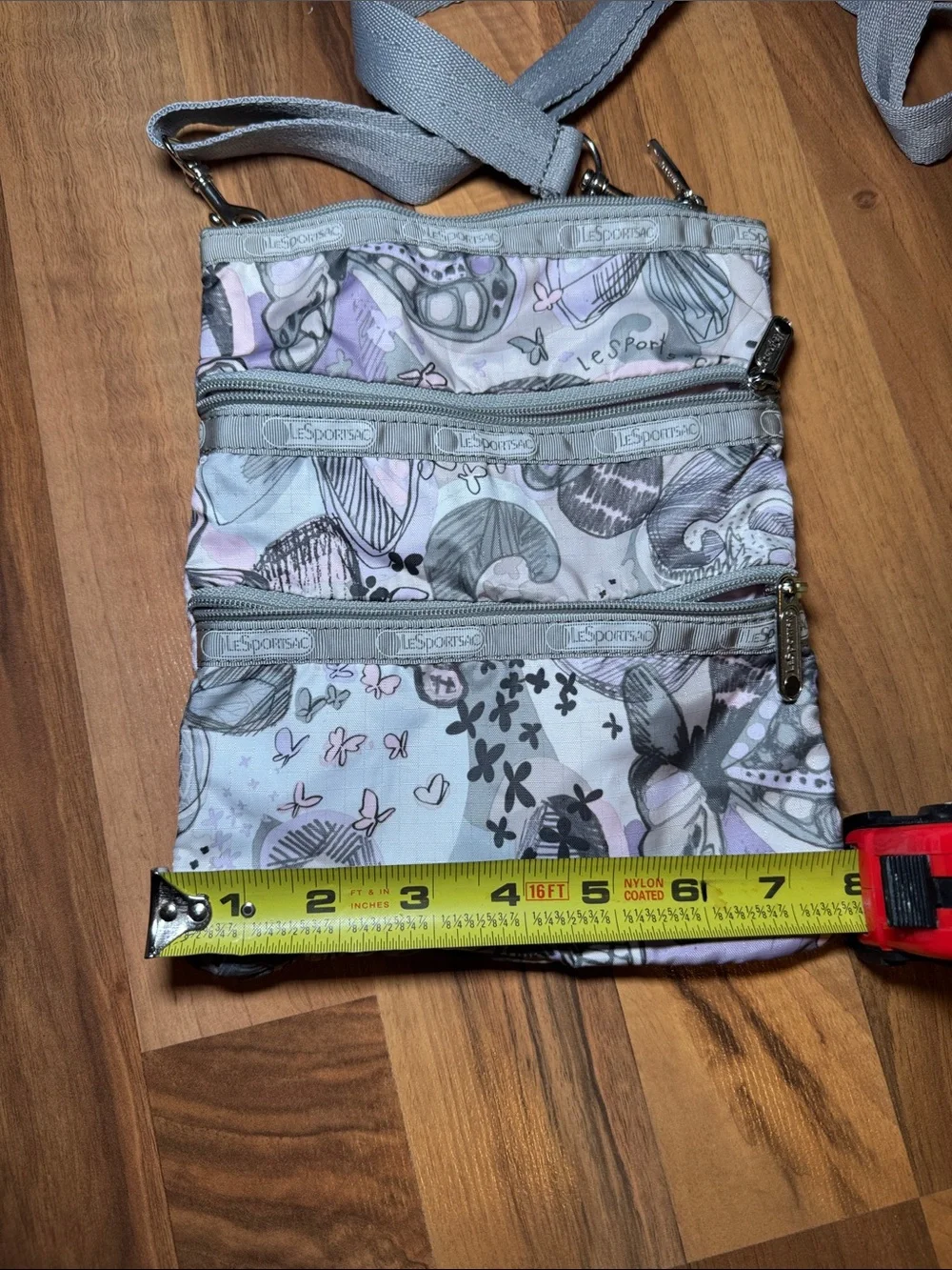 Lesportsac Gray and Lavender Patterned Triple-Zip Crossbody